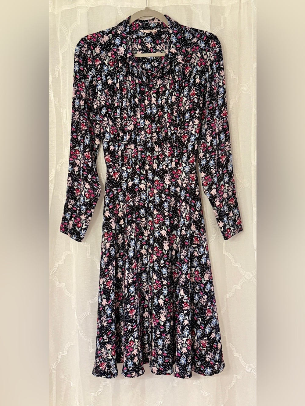 Nanette Lepore Size 4 Black Pink Blue Floral Long Sleeve Midi Dress